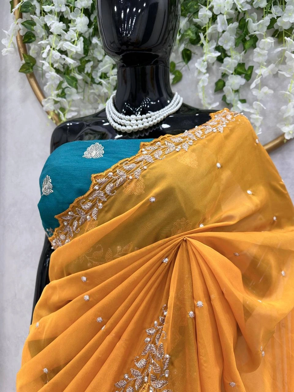 Beautiful Designer Tibby Silk Saree with Thred &amp; Moti Work and Mono Benglori Silk Blouse-Orange-2