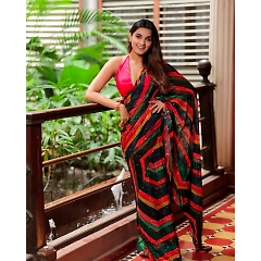 Beautiful Designer Georgette Saree with Crochet Work and Digital Print on Havy Georgette Fabric, paired with a Plain Benglori Silk Blouse - Party Wear