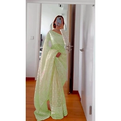 Party Perfect Organza Silk Saree with Thread Work and Fancy Lace + Georgette Blouse