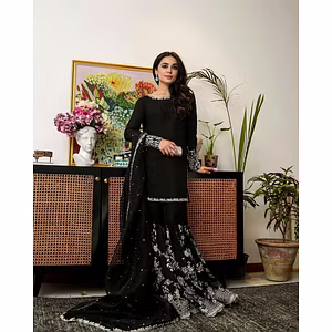 Attention-Grabbing Product Title: Elegant Foux Gorgette Sharara Set with Intricate Thread and Sequence Work