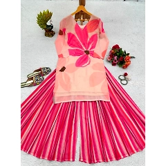 Digital Print Foux Gorgette Dress with Maslin Plazo Set