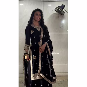 48-Inch Foux Gorgette Dress with Embroidered Thread and Sequin Work