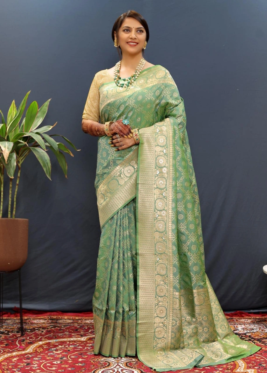 Pure Silk Saree with Gold Jari Weaving Blouse Included-PCFpoli-Green