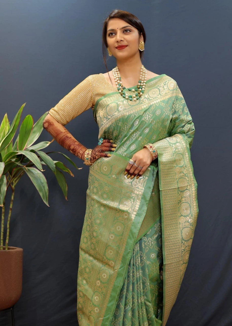 Pure Silk Saree with Gold Jari Weaving Blouse Included-Green-1