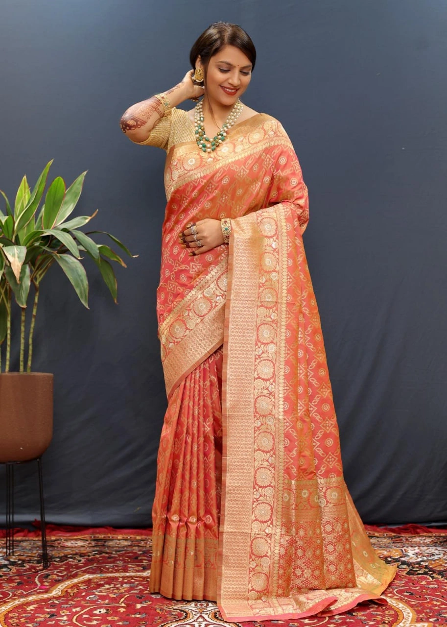 Pure Silk Saree with Gold Jari Weaving Blouse Included-PCFpoli-Orange