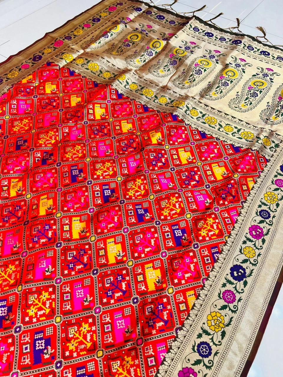 Exquisite Handloom Patola Silk Saree with Gold Jari-PCFPatola-Red