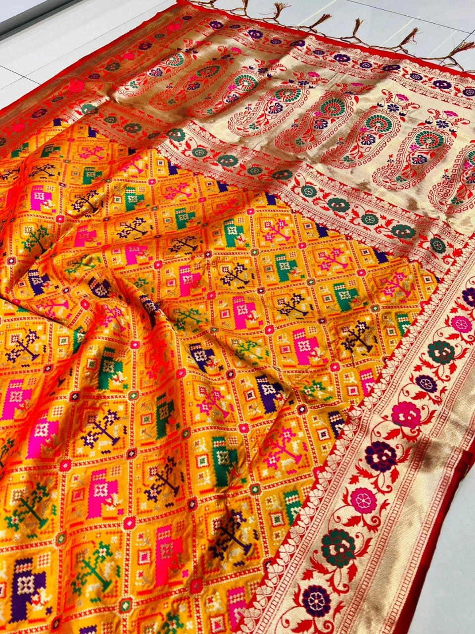 Exquisite Handloom Patola Silk Saree with Gold Jari-PCFPatola-Orange