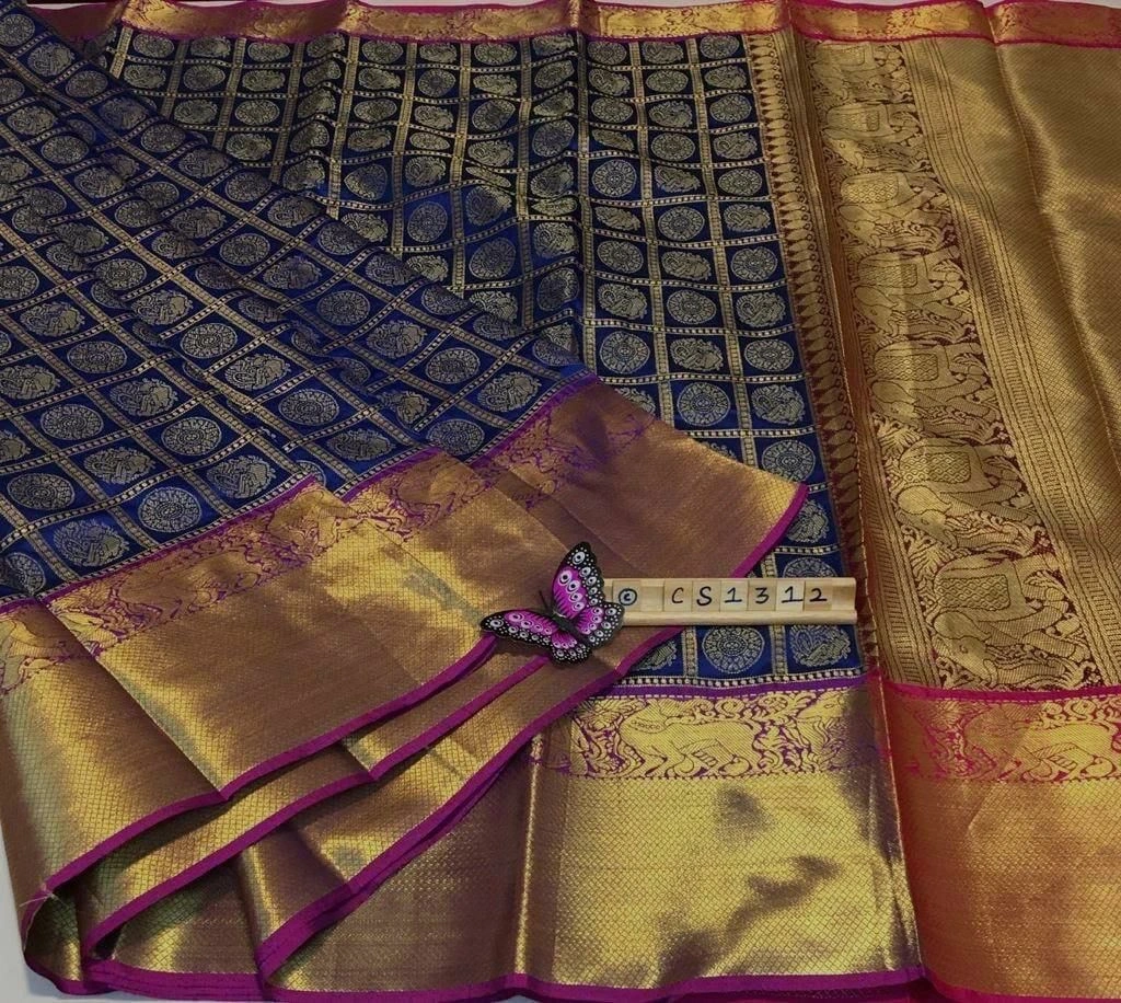 Kanchipuram Handloom Silk Saree with Rich Zari Pallu Border and Figure Design-PCFkanan-NavyBlue