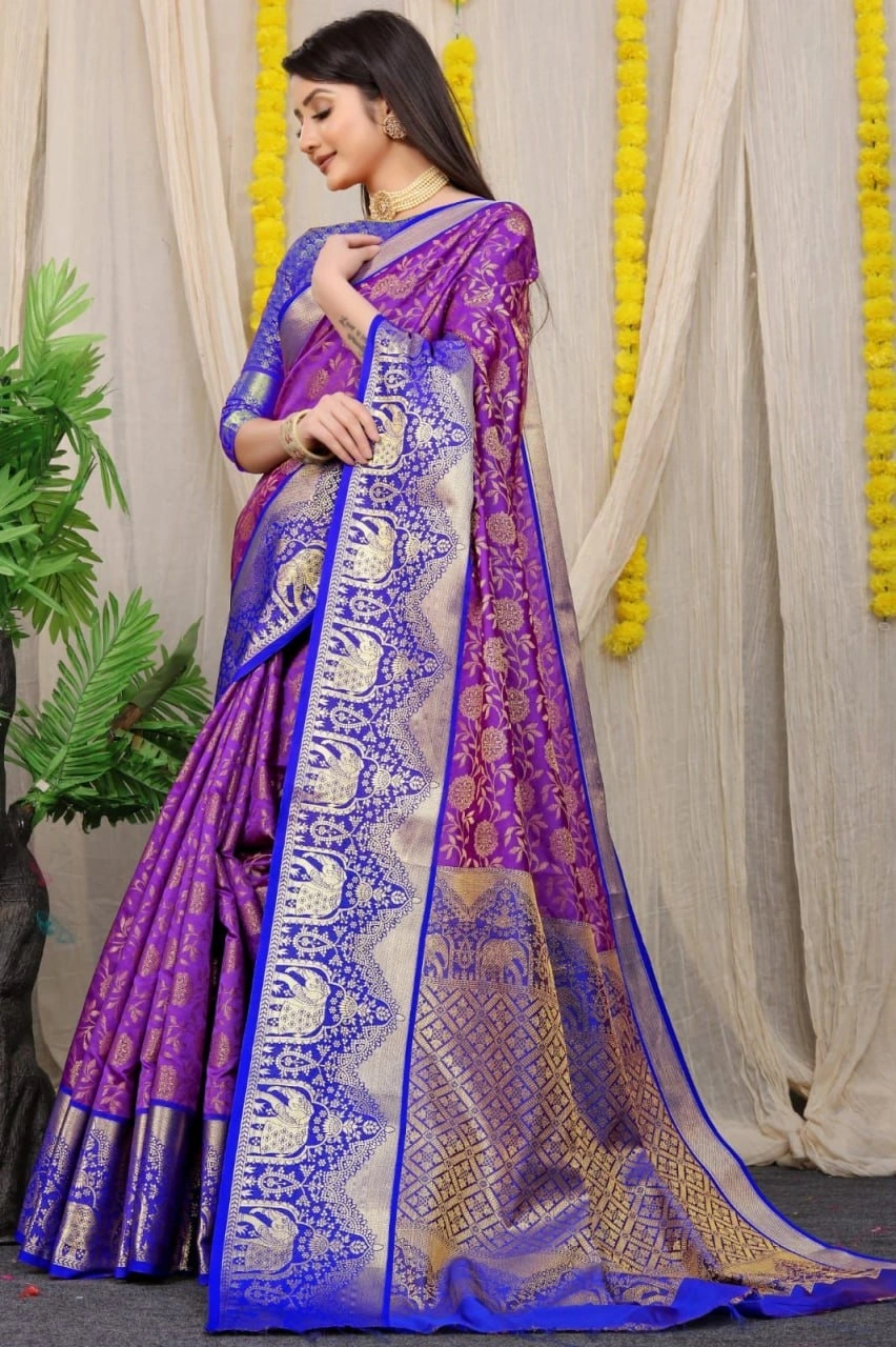 Kanchipuram Pattu Silk Saree with Zari Weaving Designer Brocade Blouse-PCFkanan1-Purple