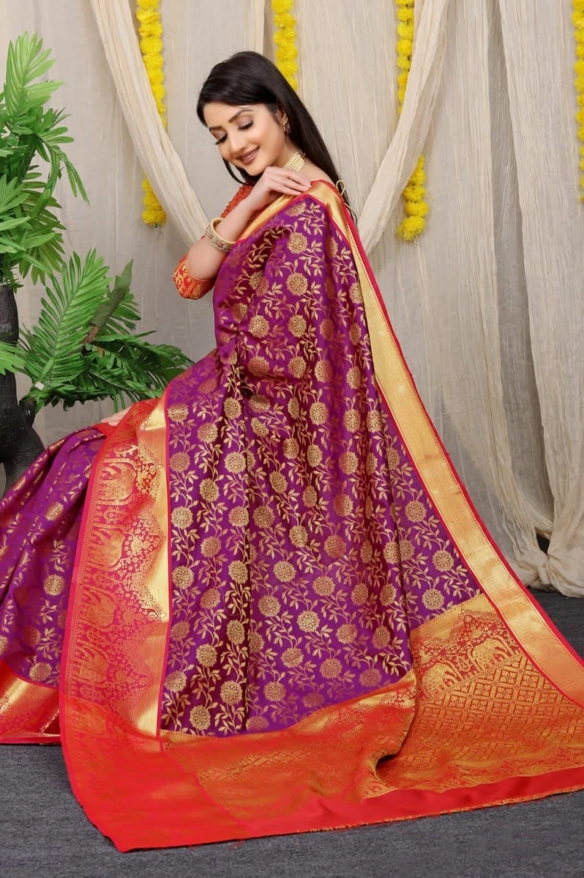 Kanchipuram Pattu Silk Saree with Zari Weaving Designer Brocade Blouse-PCFkanan1-Wine