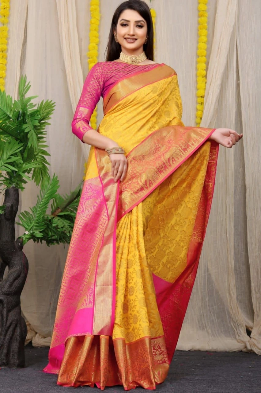 Kanchipuram Pattu Silk Saree with Zari Weaving Designer Brocade Blouse-PCFkanan1-Yellow