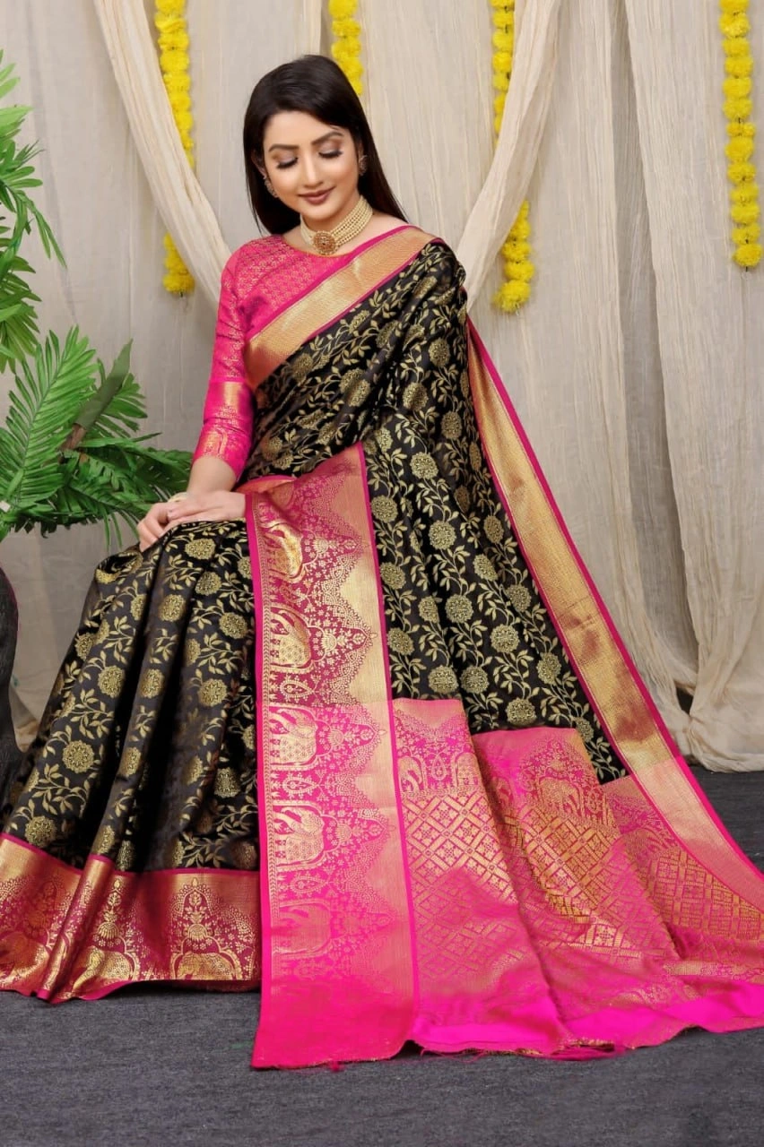 Kanchipuram Pattu Silk Saree with Zari Weaving Designer Brocade Blouse-PCFkanan1-Black