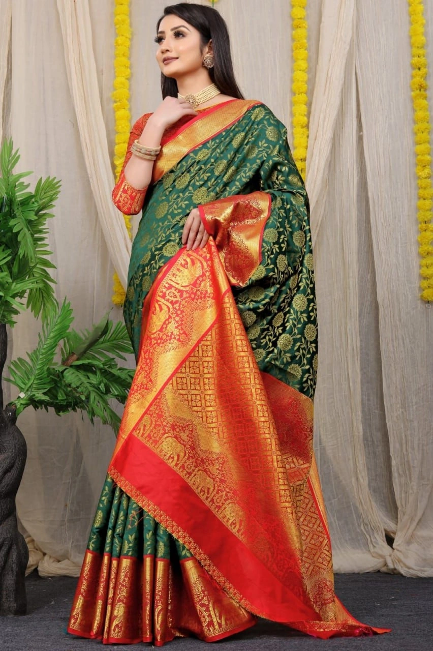 Kanchipuram Pattu Silk Saree with Zari Weaving Designer Brocade Blouse-PCFkanan1-Green