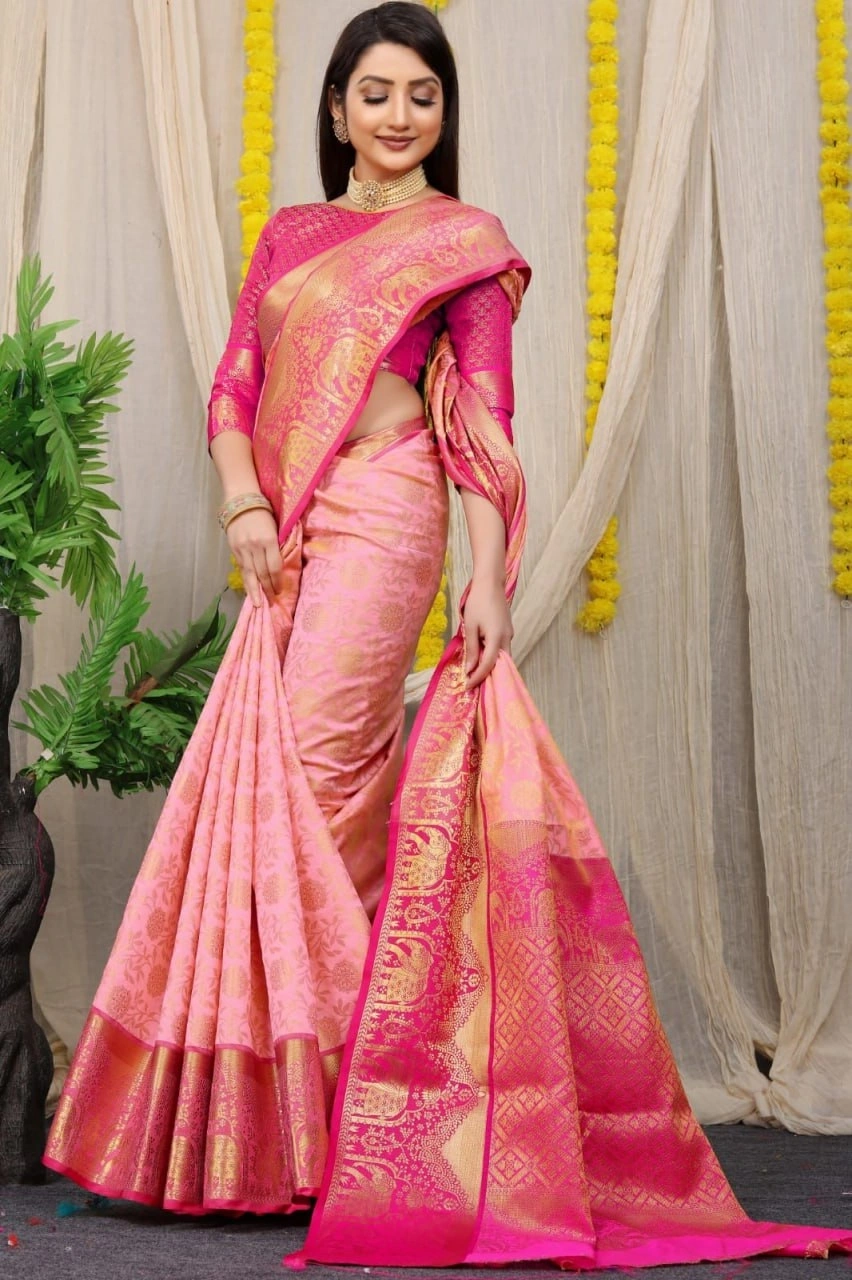 Kanchipuram Pattu Silk Saree with Zari Weaving Designer Brocade Blouse-PCFkanan1-Pink