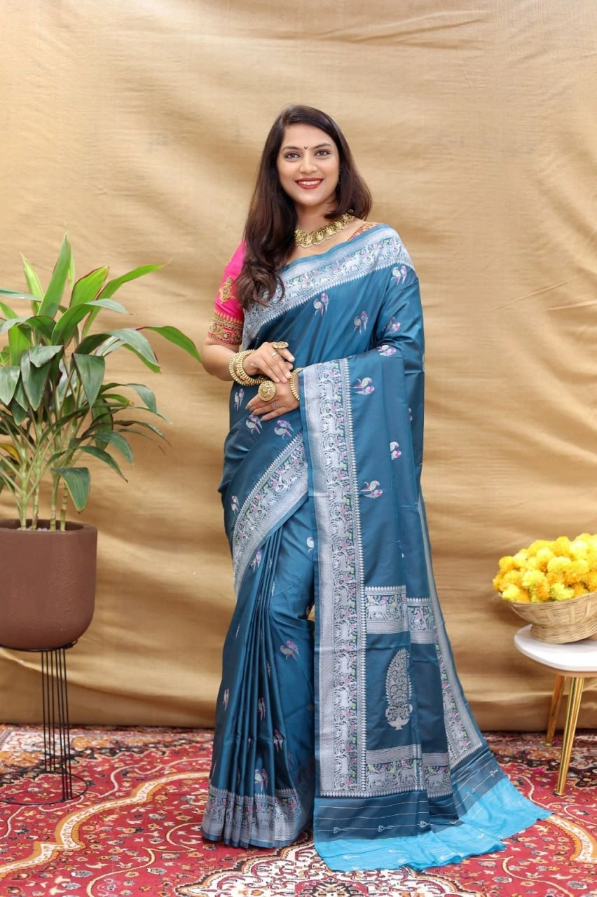 Elegant Pure Silk Handloom Saree with Jari Border and Pallu-PCFperrot-PecockBlue