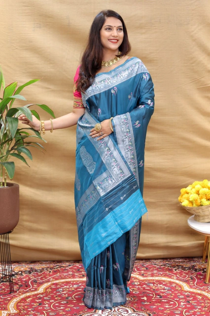 Elegant Pure Silk Handloom Saree with Jari Border and Pallu-Pecock Blue-3