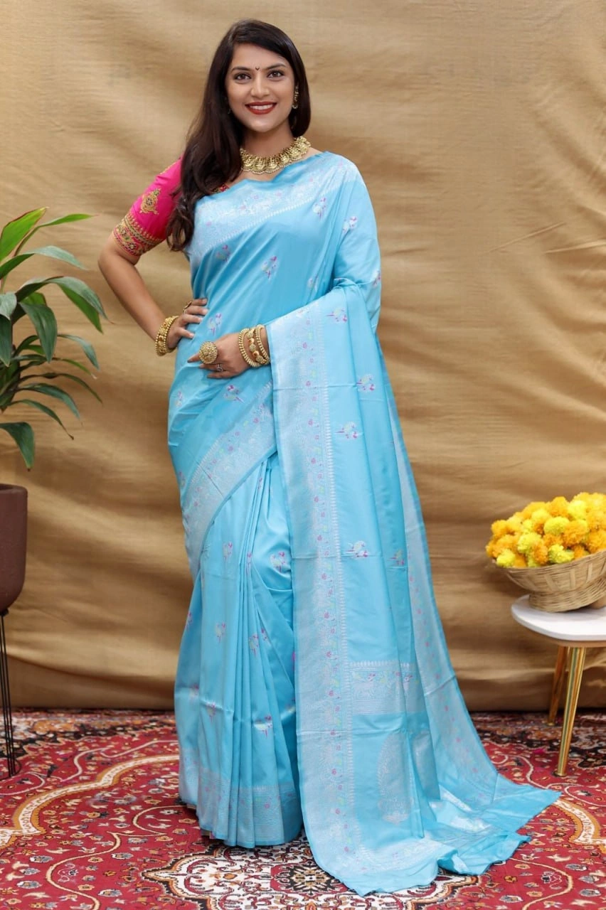 Elegant Pure Silk Handloom Saree with Jari Border and Pallu-Sky Blue-1