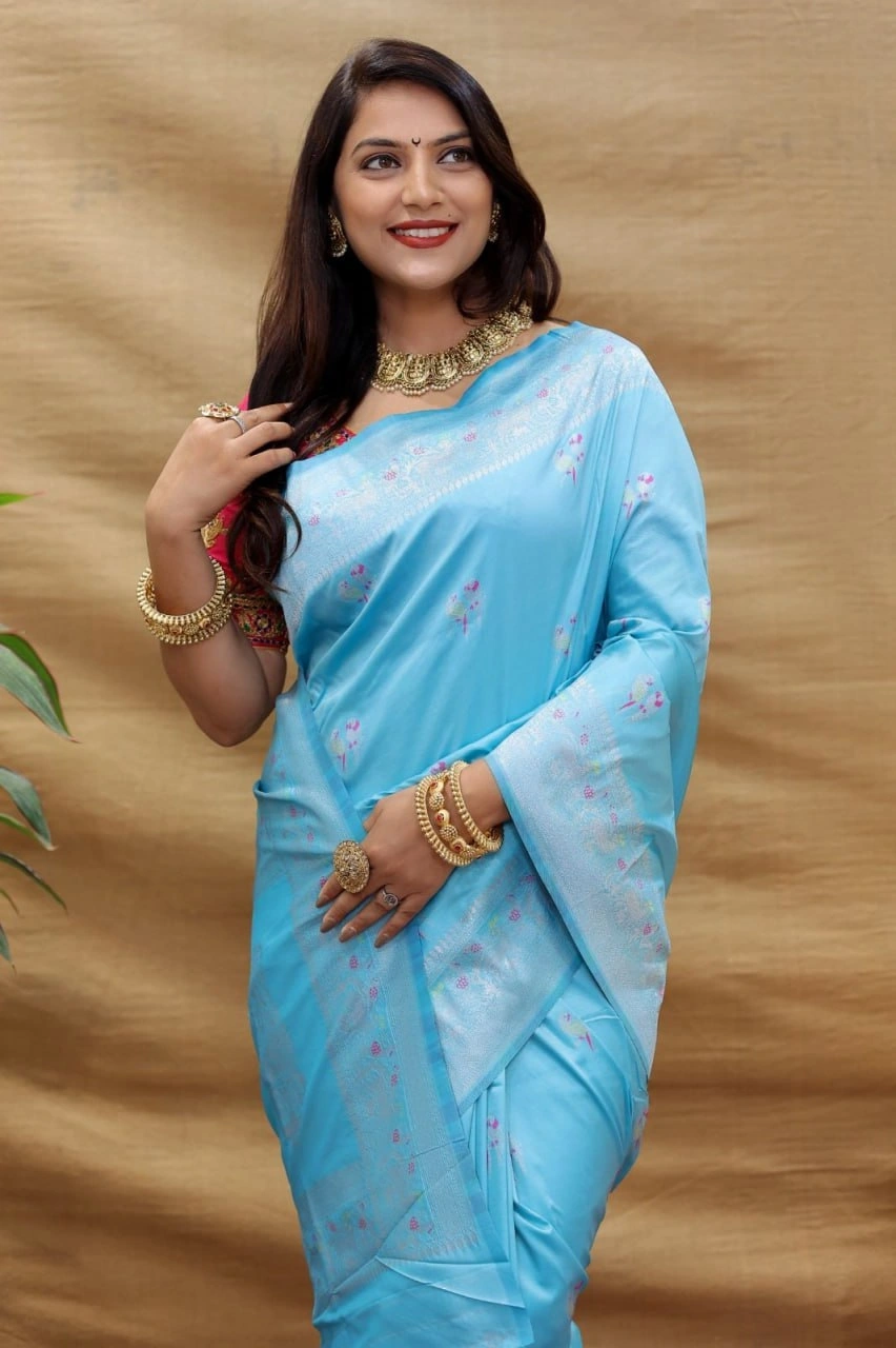 Elegant Pure Silk Handloom Saree with Jari Border and Pallu-Sky Blue-2