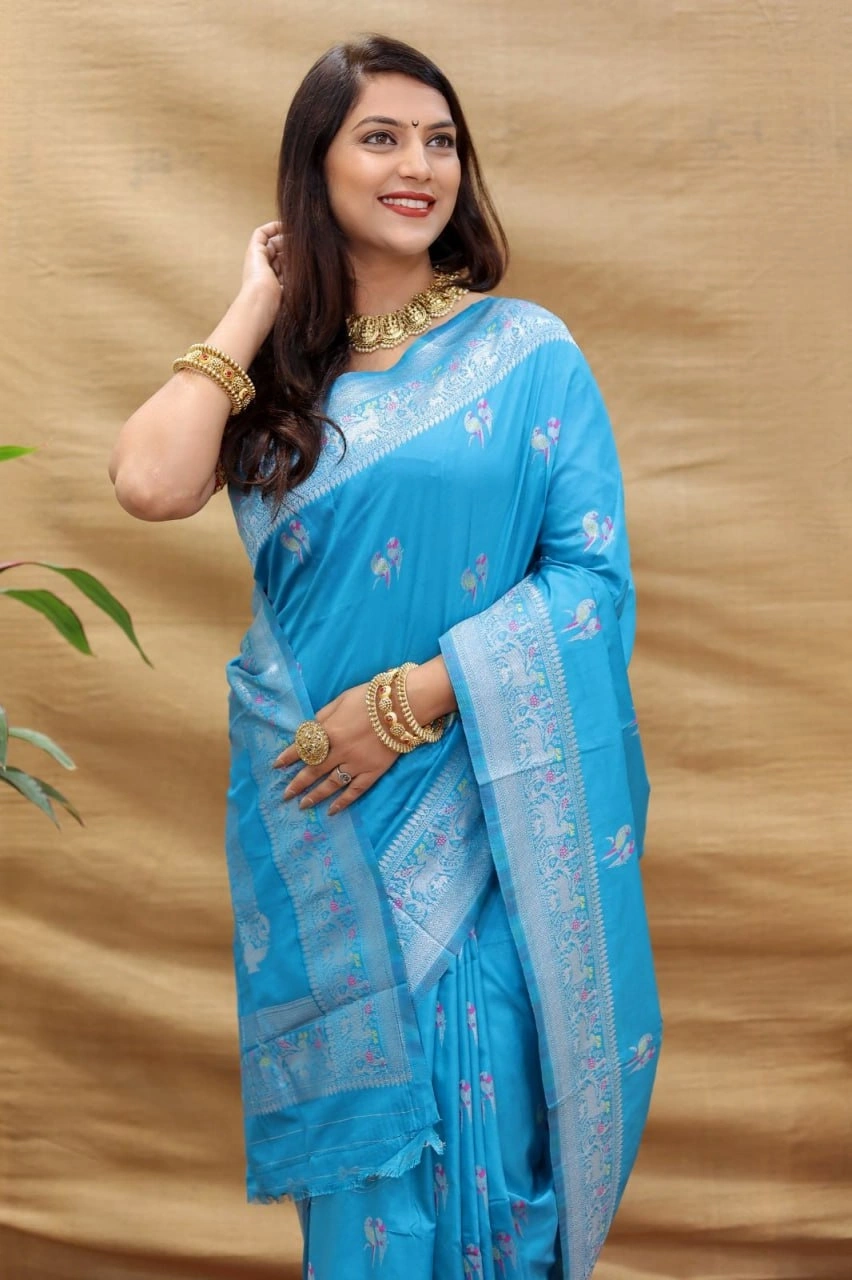 Elegant Pure Silk Handloom Saree with Jari Border and Pallu-Firozi-2