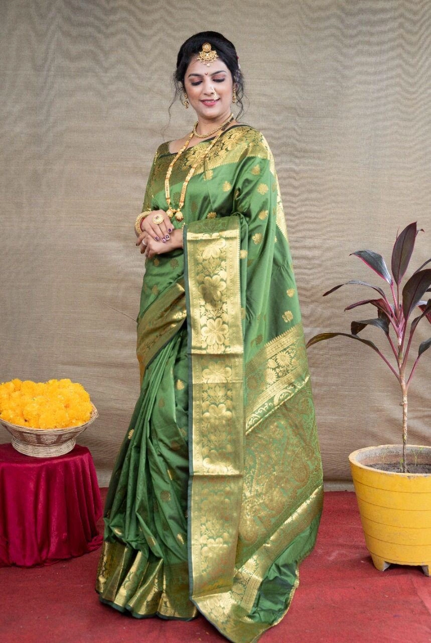 Lichi Silk Saree with Gold Zari and Intricate Design with Heavy Work Blouse-PCFmandakini-Green