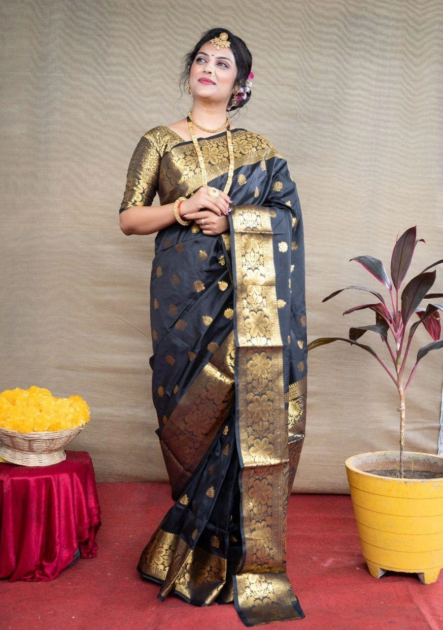 Lichi Silk Saree with Gold Zari and Intricate Design with Heavy Work Blouse-PCFmandakini-Grey