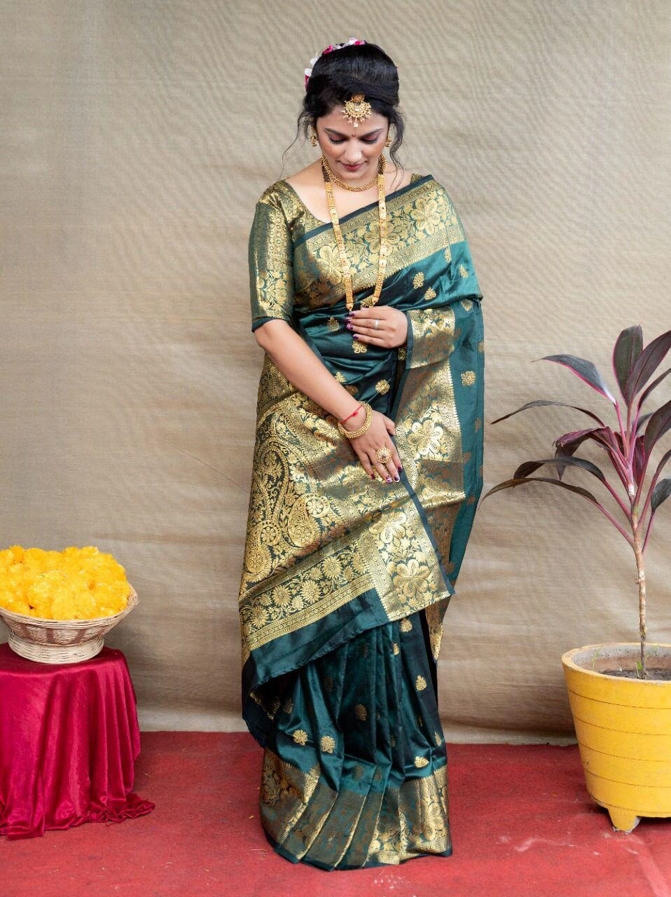 Lichi Silk Saree with Gold Zari and Intricate Design with Heavy Work Blouse-PCFmandakini-DarkGreen