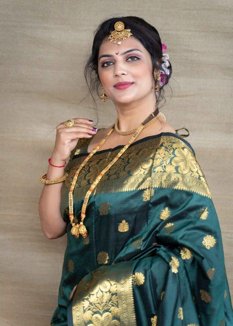 Lichi Silk Saree with Gold Zari and Intricate Design with Heavy Work Blouse-Dark Green-1