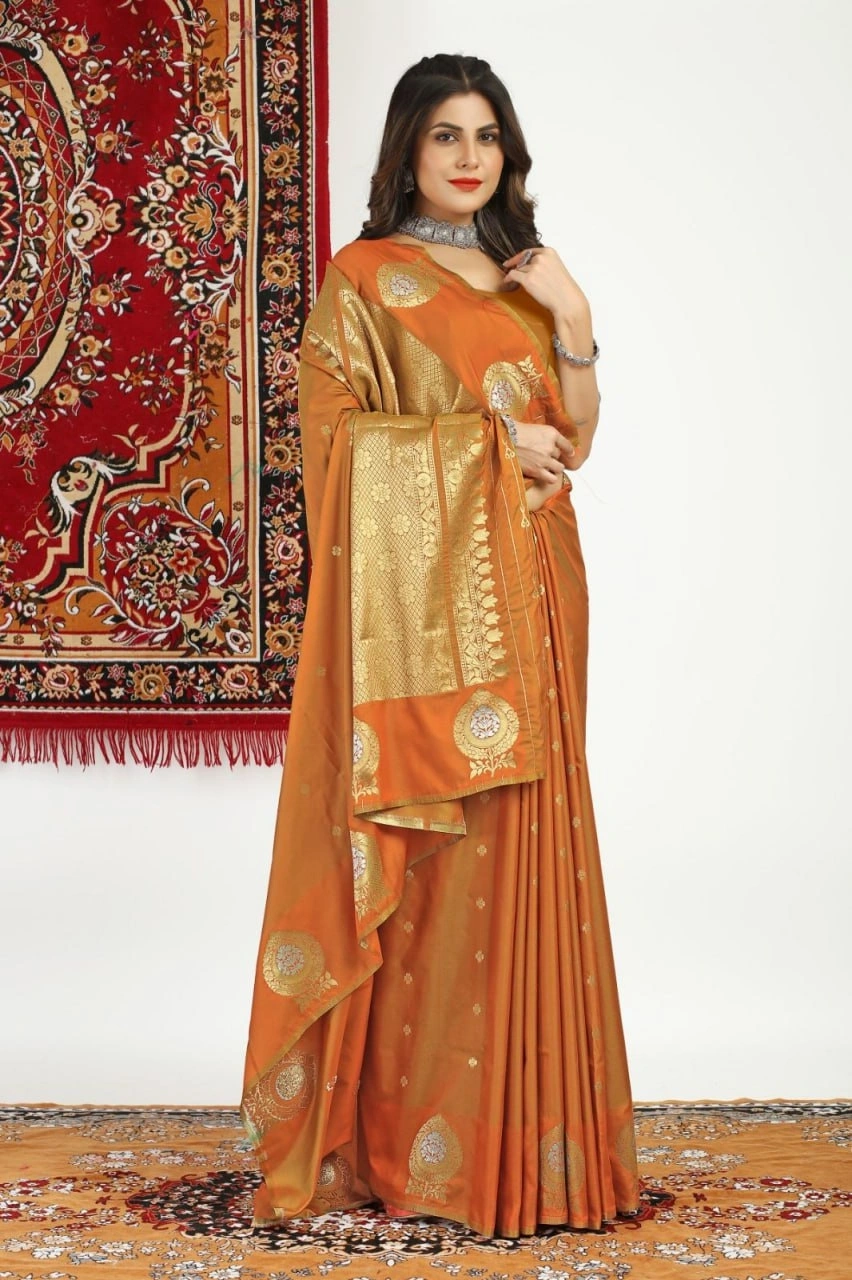 Kanchipuram Pure Silk Handloom Saree with Gold Jari Blouse-Orange-1