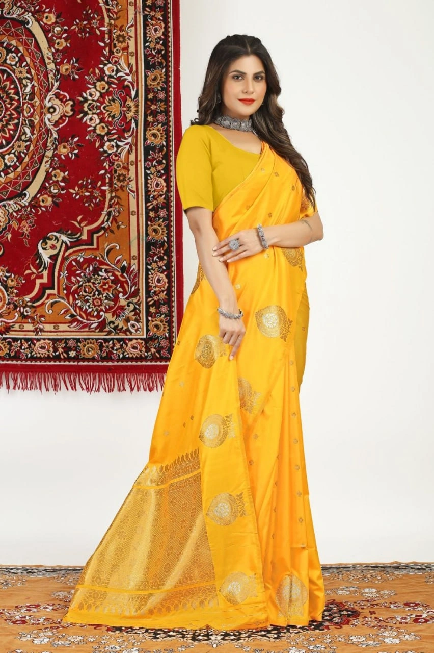 Kanchipuram Pure Silk Handloom Saree with Gold Jari Blouse-PCFTriva-Yellow