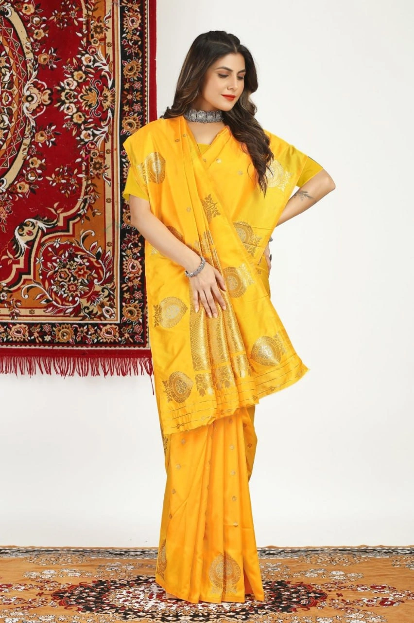 Kanchipuram Pure Silk Handloom Saree with Gold Jari Blouse-Yellow-1