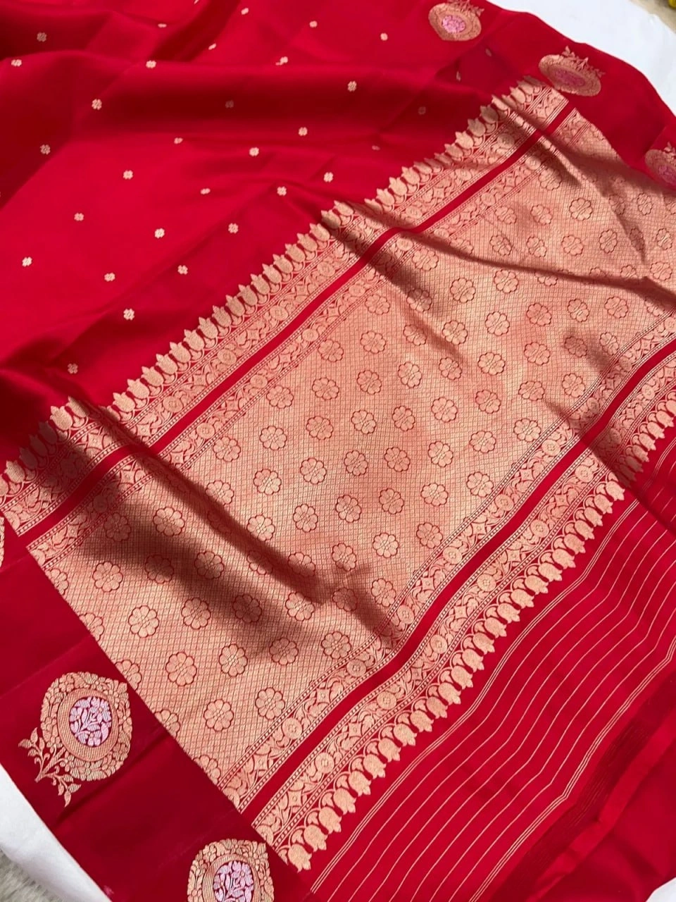 Kanchipuram Pure Silk Handloom Saree with Gold Jari Blouse-Red-2