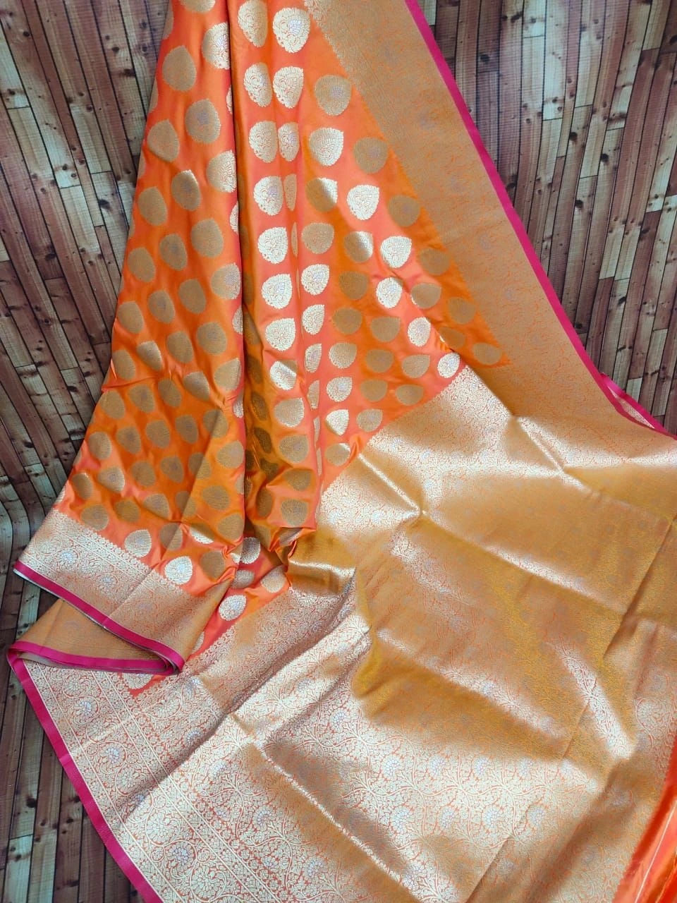 Kanchipuram Pure Silk Handloom Saree with Silver and Gold Jari-Orange-3