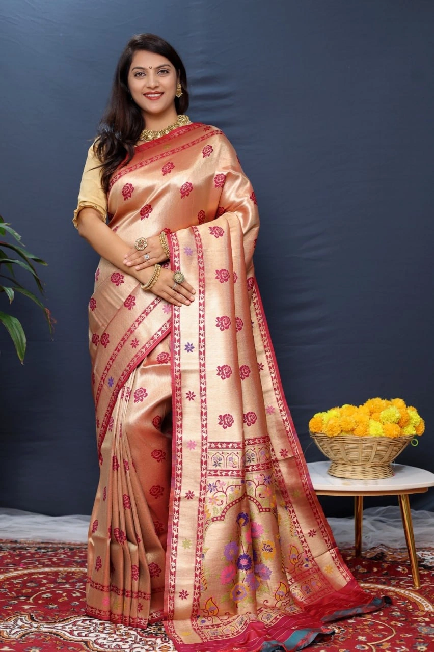 Paithani Pure Silk Handloom Saree with Pure Jari Soft Silk Fabric-PCFAmrut-Peach