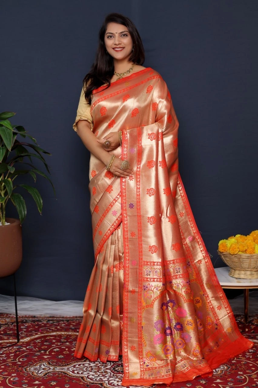 Paithani Pure Silk Handloom Saree with Pure Jari Soft Silk Fabric-Red-3