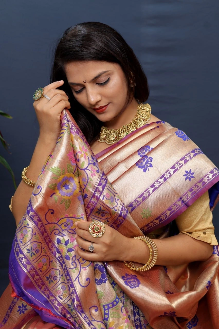 Paithani Pure Silk Handloom Saree with Pure Jari Soft Silk Fabric-Purple-3