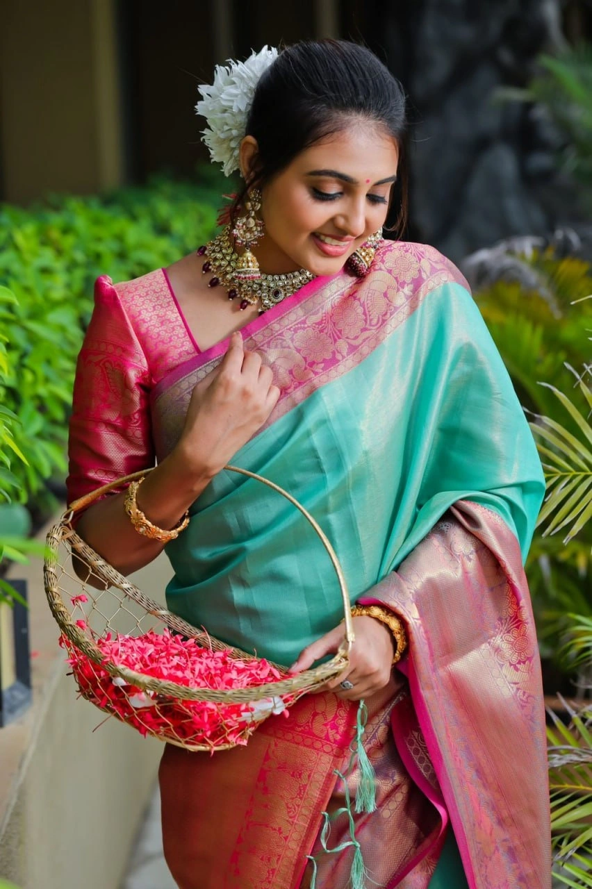 Elegant Pattu Saree with Brocade Blouse and Contrast Pallu in Soft Silk Fabric-Sky Blue-1