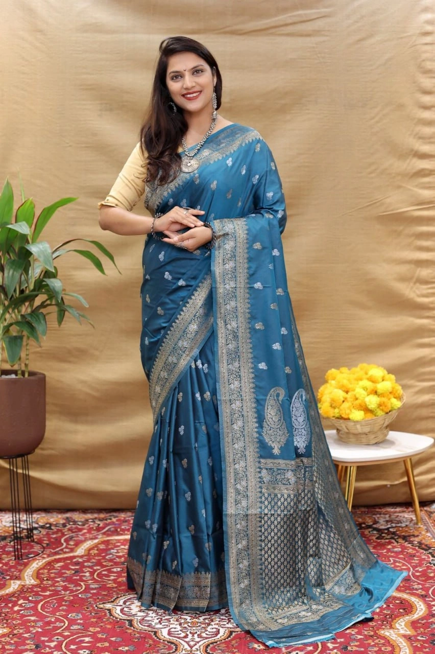 Kanchipuram Pure Silk Handloom Saree with Gold and Silver Jari Blouse Included-Pecock Blue-2