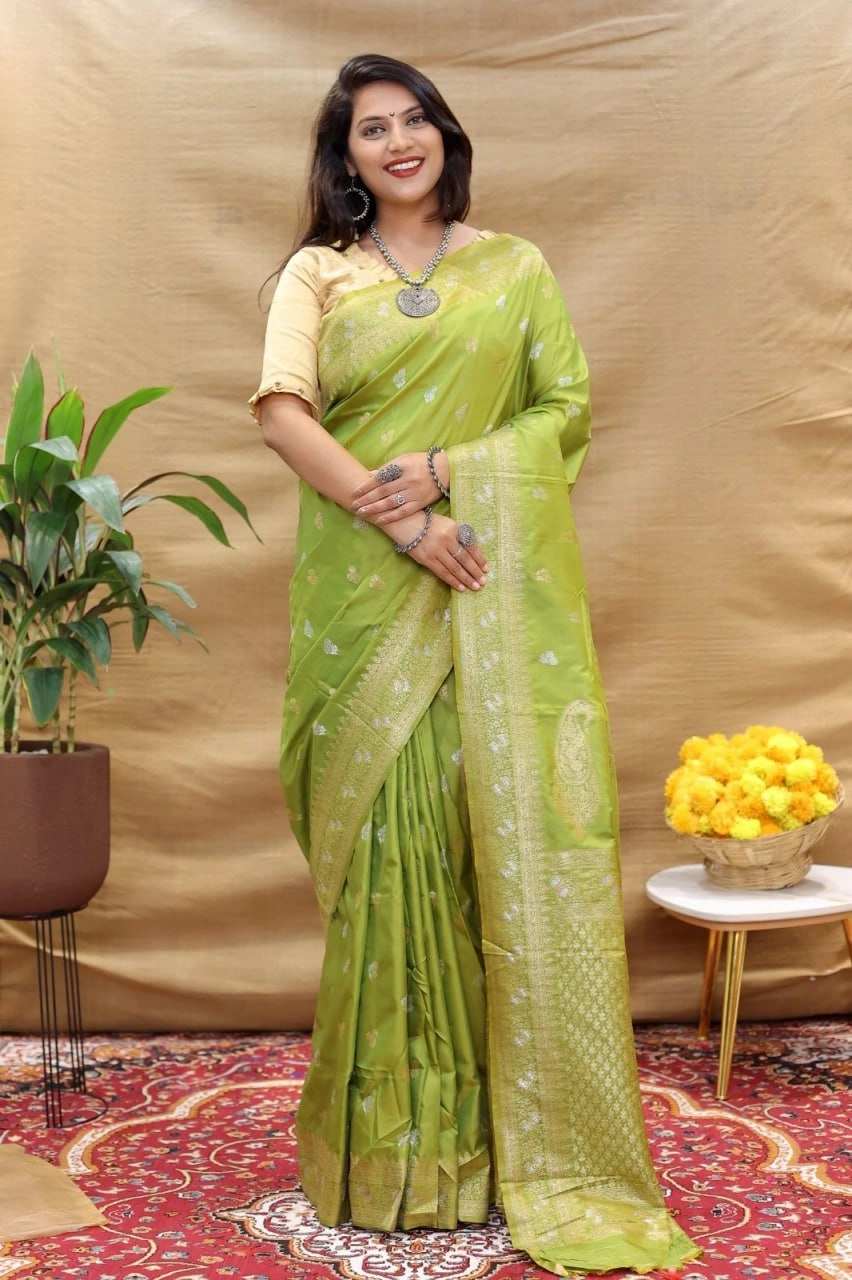 Kanchipuram Pure Silk Handloom Saree with Gold and Silver Jari Blouse Included-PCFsilverKeri-Green