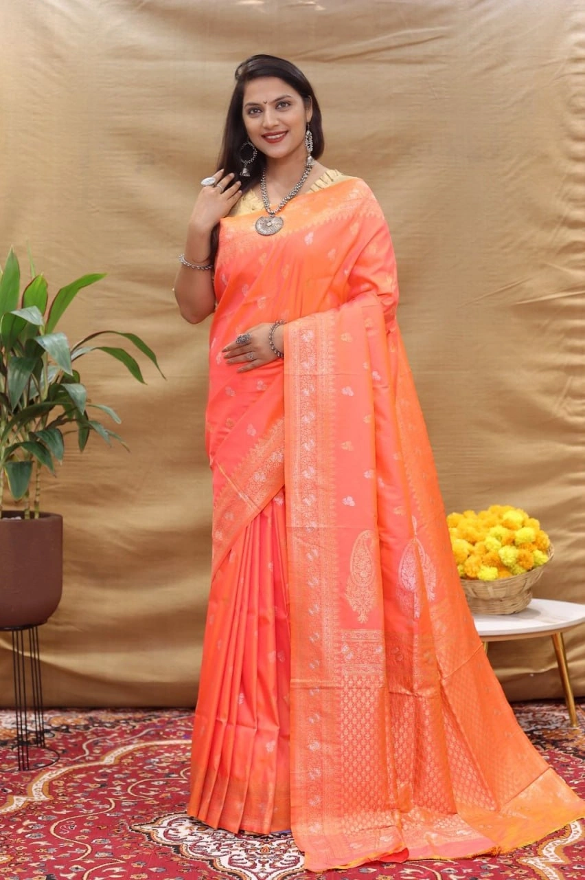 Kanchipuram Pure Silk Handloom Saree with Gold and Silver Jari Blouse Included-PCFsilverKeri-Orange