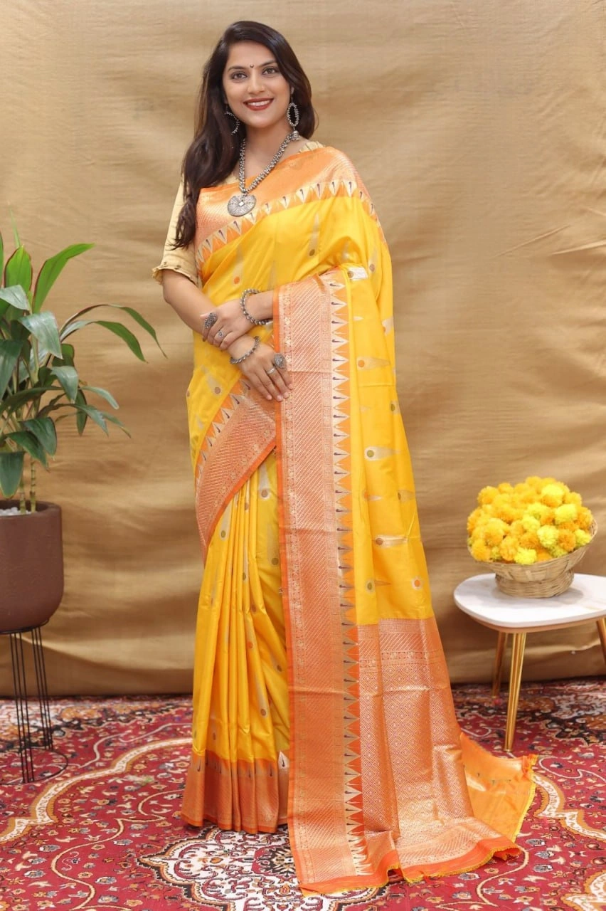 Elegant Handloom Silk Saree with Pure Zari Border and Rich Pallu-PCFratnatilaksilk-Yellow