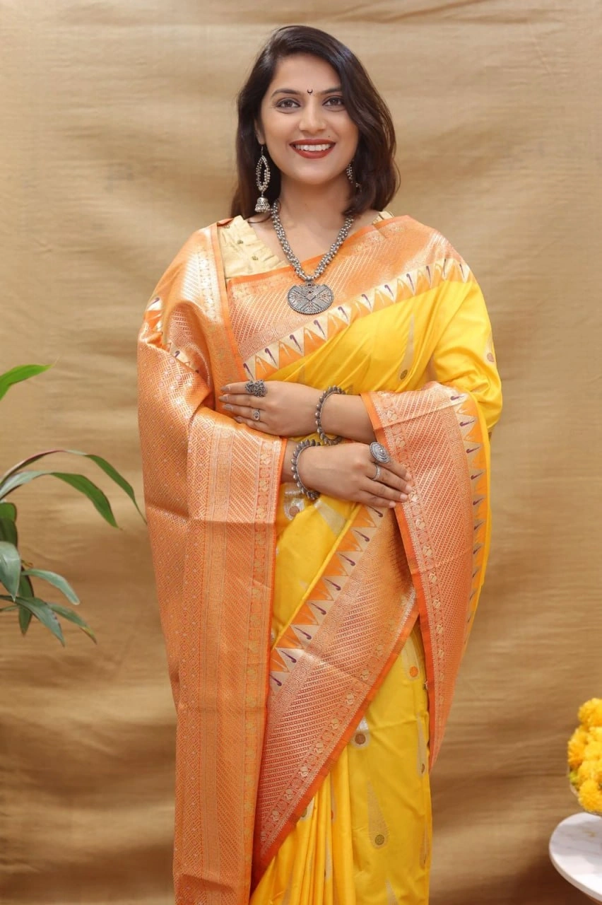 Elegant Handloom Silk Saree with Pure Zari Border and Rich Pallu-Yellow-1