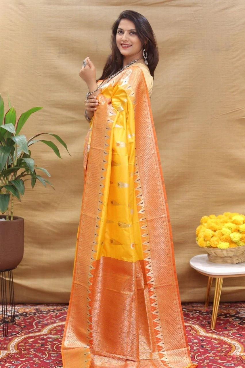 Elegant Handloom Silk Saree with Pure Zari Border and Rich Pallu-Yellow-2