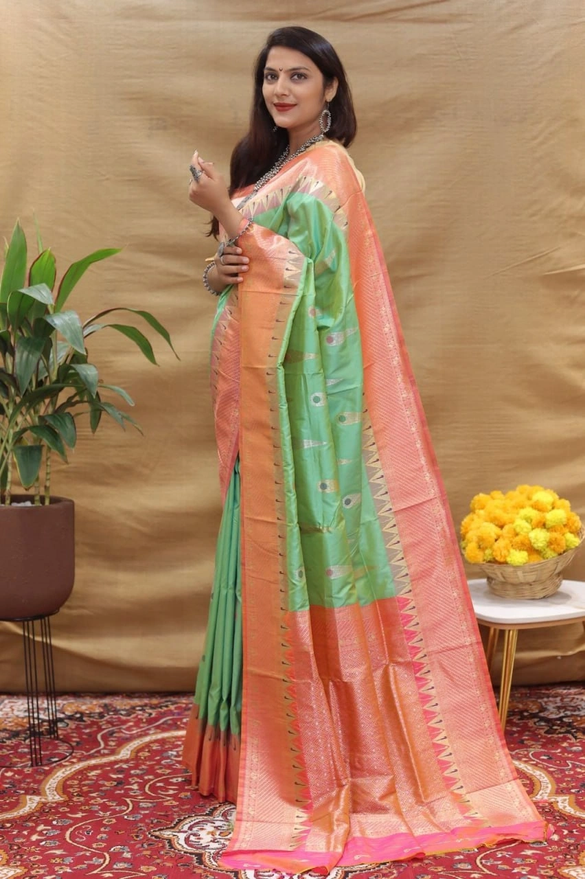 Elegant Handloom Silk Saree with Pure Zari Border and Rich Pallu-Pista-1