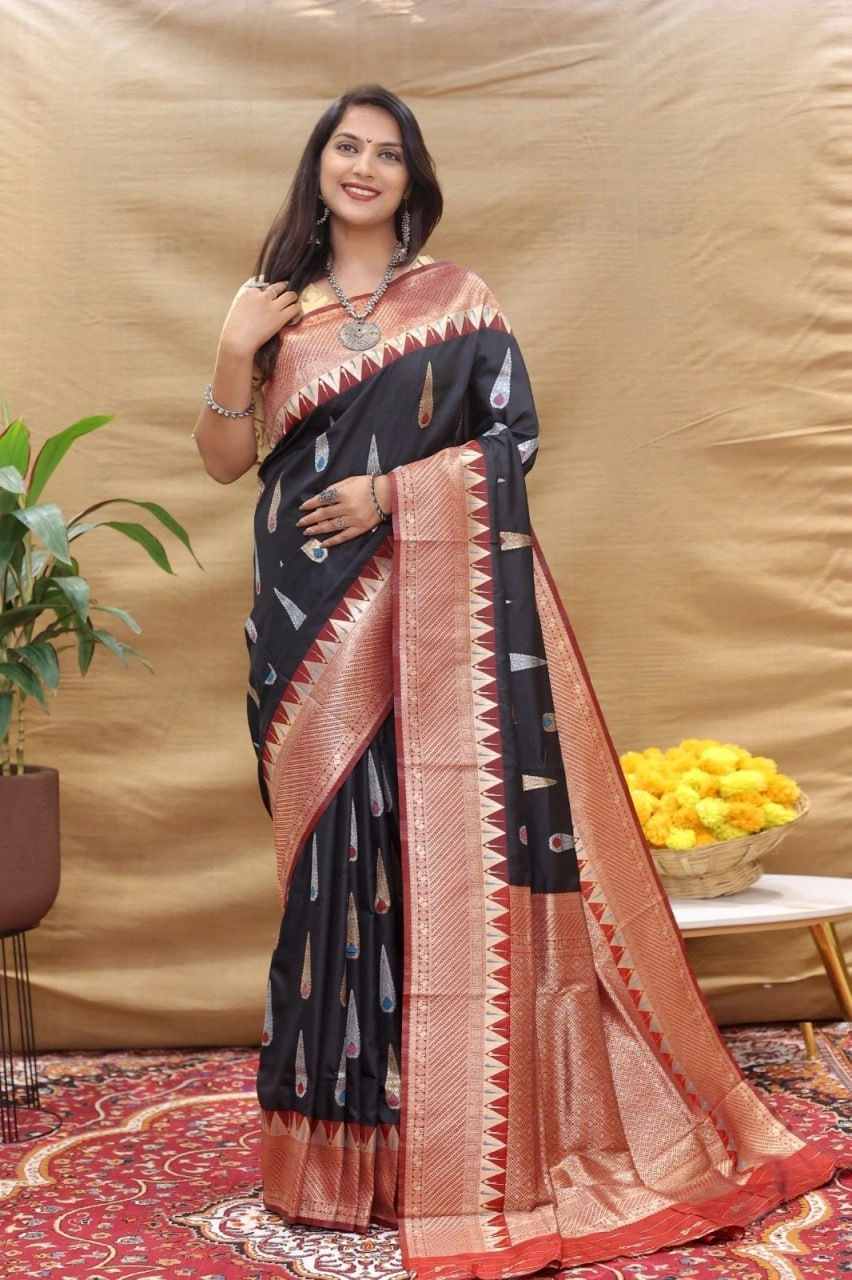 Elegant Handloom Silk Saree with Pure Zari Border and Rich Pallu-PCFratnatilaksilk-Black