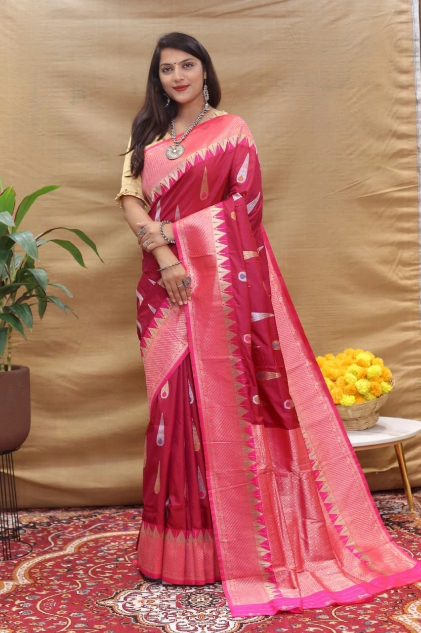 Elegant Handloom Silk Saree with Pure Zari Border and Rich Pallu-PCFratnatilaksilk-Maroon