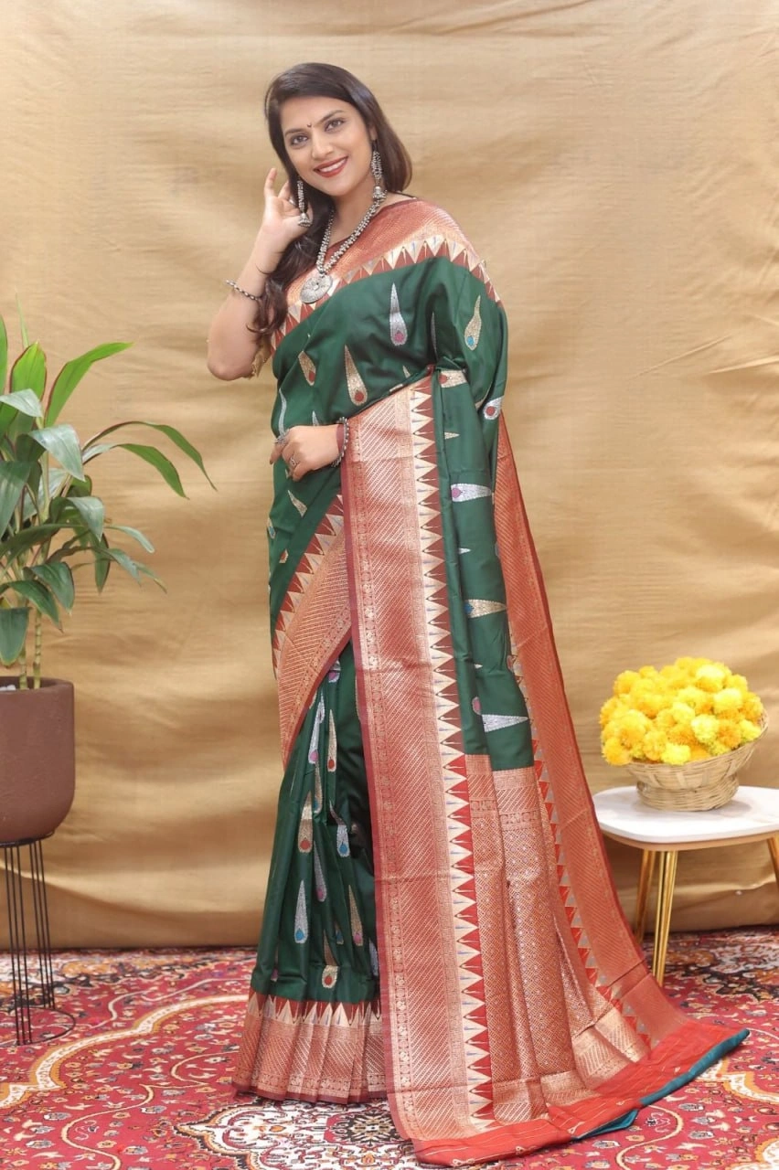 Elegant Handloom Silk Saree with Pure Zari Border and Rich Pallu-PCFratnatilaksilk-Green