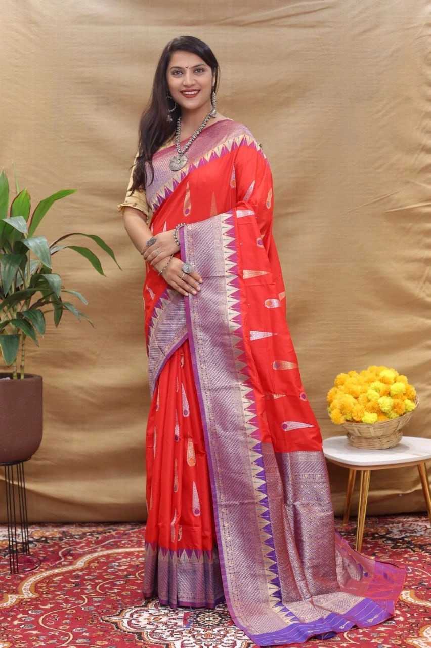 Elegant Handloom Silk Saree with Pure Zari Border and Rich Pallu-PCFratnatilaksilk-Red