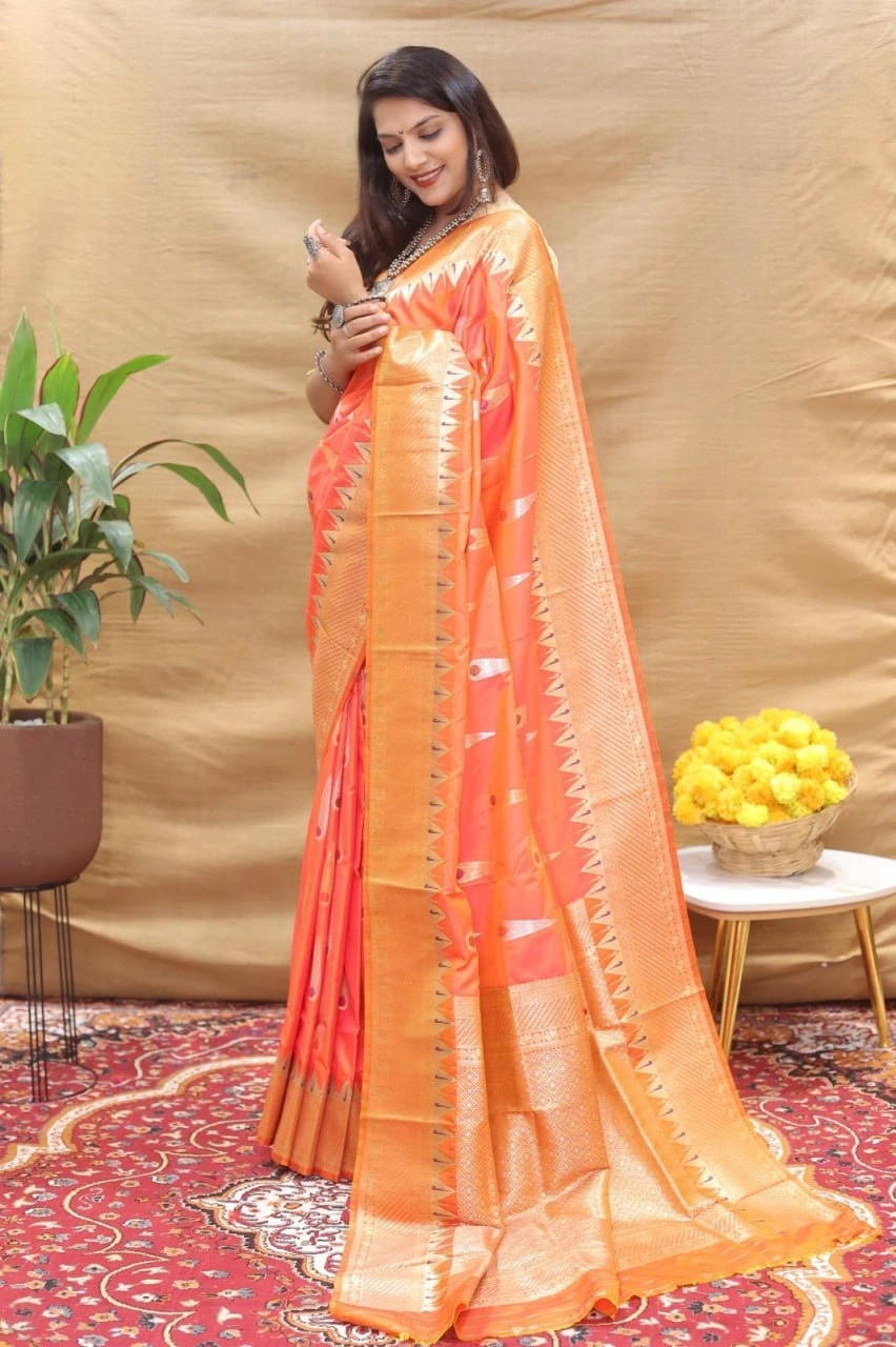 Elegant Handloom Silk Saree with Pure Zari Border and Rich Pallu-PCFratnatilaksilk-Orange