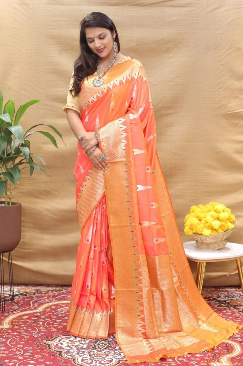 Elegant Handloom Silk Saree with Pure Zari Border and Rich Pallu-Orange-1