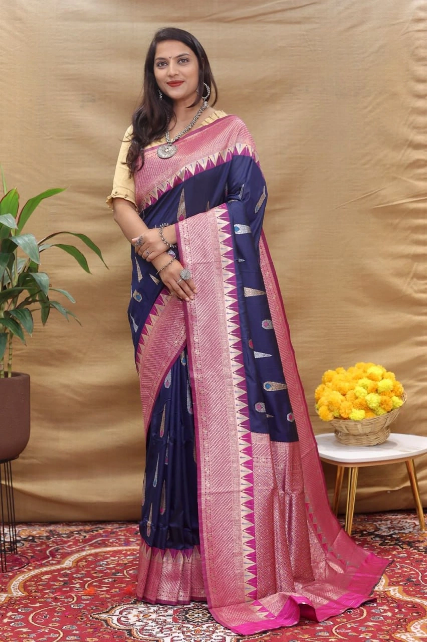 Elegant Handloom Silk Saree with Pure Zari Border and Rich Pallu-Navy Blue-1